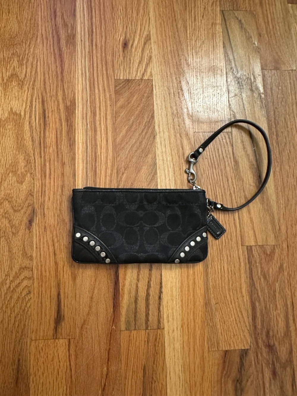 Coach Black Signature C Studded Wristlet Jacquard Patent Leather Y2K Pouch
